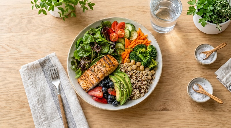 Balanced healthy plate with vegetables whole grains protein fruit and healthy fats