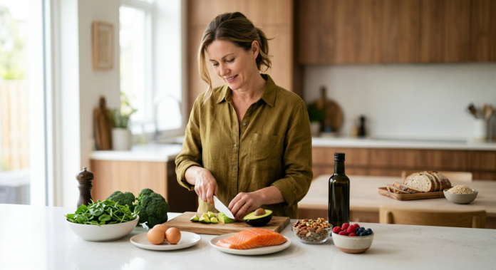 Middle-aged adult preparing a healthy keto meal with avocado, eggs, salmon, vegetables, nuts, and olive oil. Keto Diet