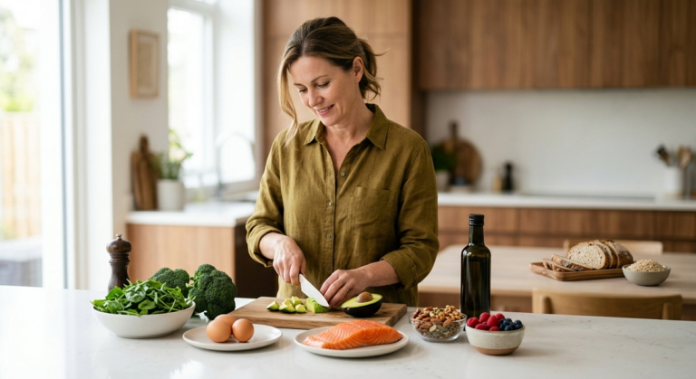Middle-aged adult preparing a healthy keto meal with avocado, eggs, salmon, vegetables, nuts, and olive oil. Keto Diet