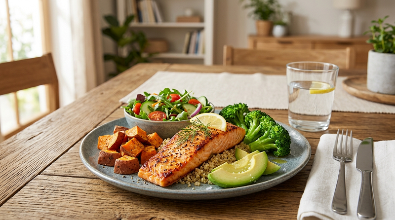 Balanced meal with salmon, sweet potato, broccoli, avocado, and whole grains