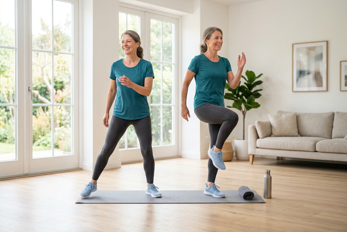 Woman performing beginner-friendly cardio exercises in her living room