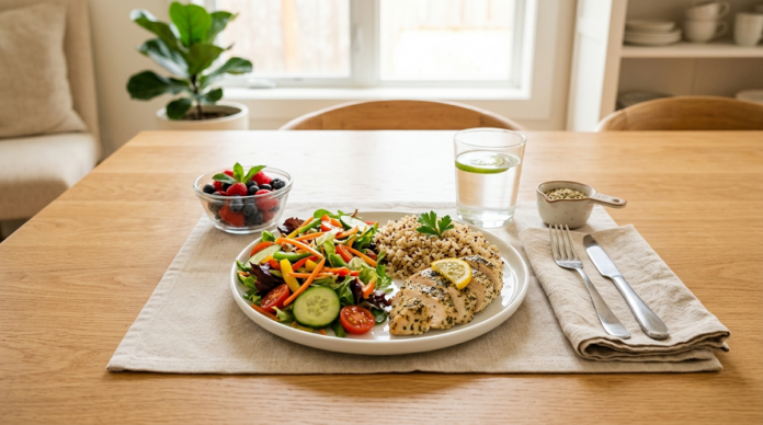 Balanced healthy meal showing proper portion control with vegetables, protein, and whole grains