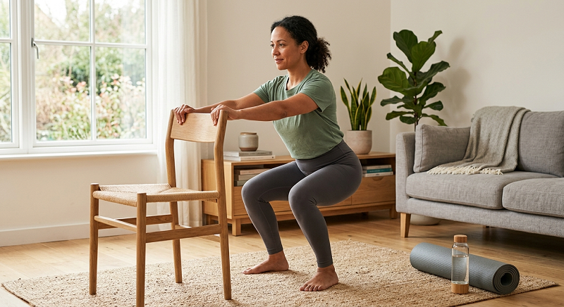 Beginner performing chair squats during a low-impact strength workout