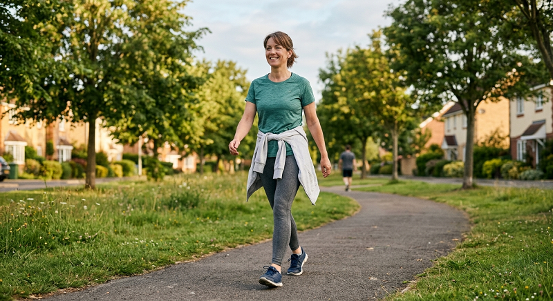 Beginner walking outdoors as a low-impact cardio exercise. Exercises