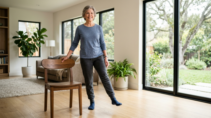 Older woman doing a balance exercise with support from a chair at home