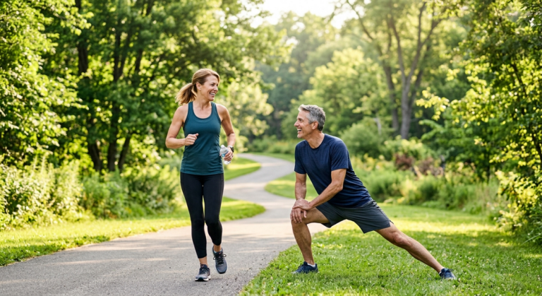 Active adults over 50 walking and stretching in a sunny park