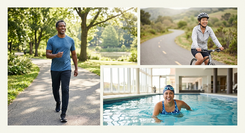 Walking cycling and swimming are healthy cardiovascular exercises