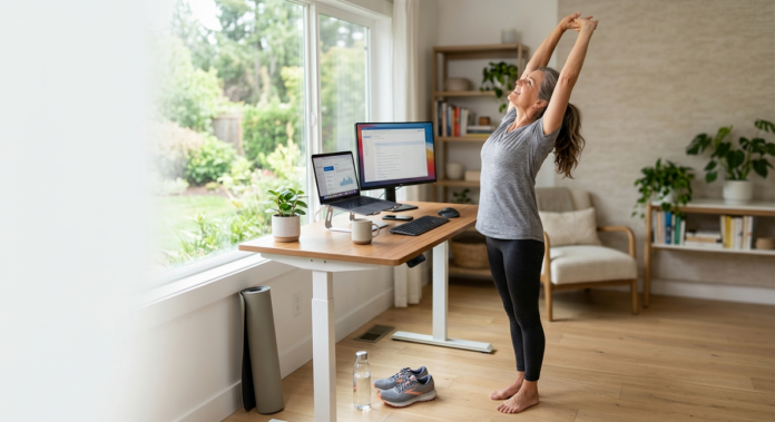Person stretching beside a desk after sitting for a long time