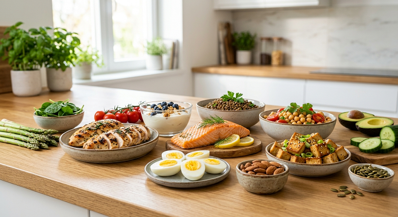Healthy animal and plant-based protein foods on a kitchen counter