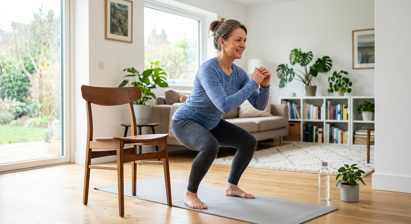 Person doing bodyweight squats at home after sitting all day