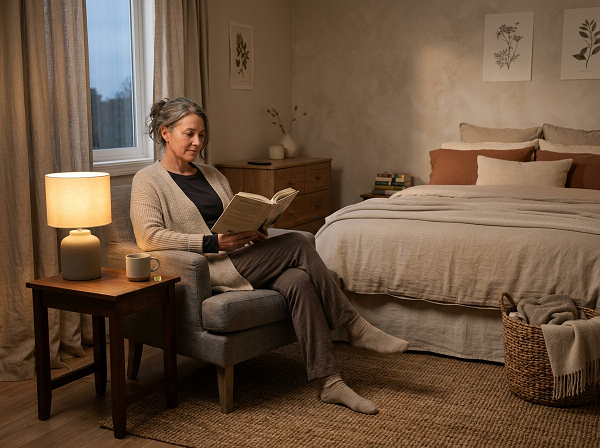 Calm evening routine with reading and relaxation to manage daily stress