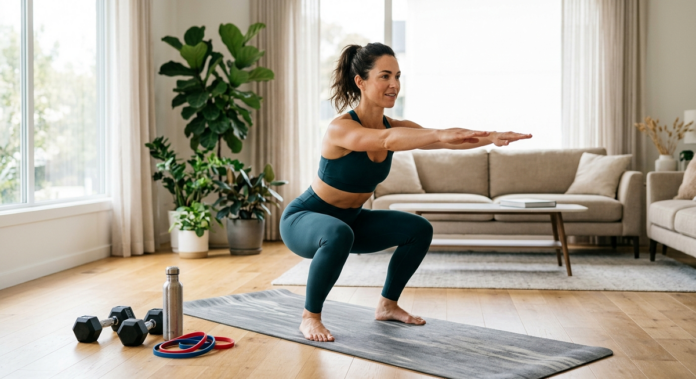Adult doing a beginner home workout with bodyweight exercises