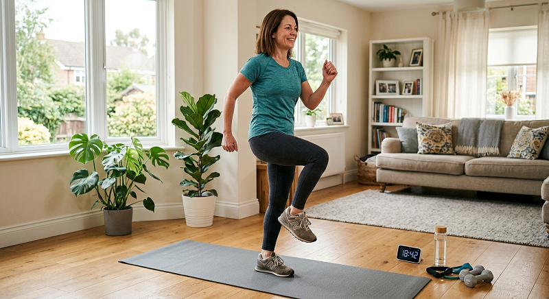 Woman doing a low-impact cardio workout at home. Lose Weight