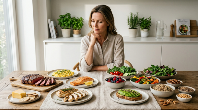 Healthy adult comparing animal-based foods with vegetables, fruits, grains, and other nutritious foods.