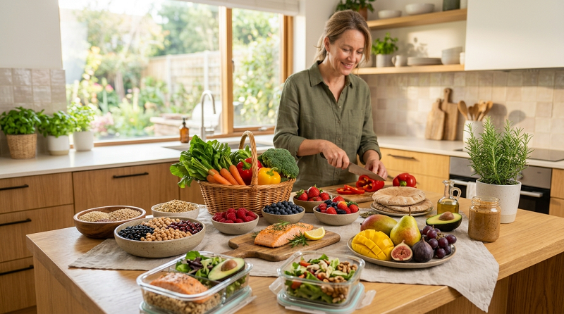 Healthy meal preparation with vegetables, whole grains, protein, and fruit for a custom eating plan