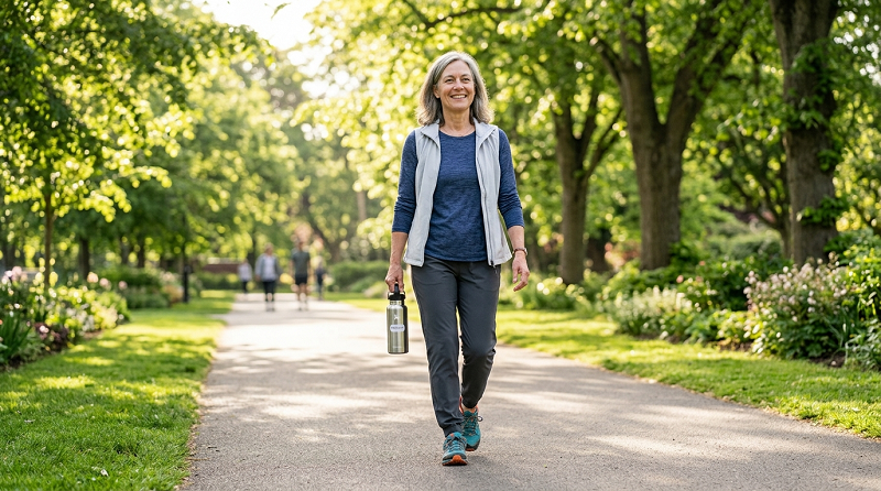 Adult taking a brisk walk outdoors as part of a healthy daily routine