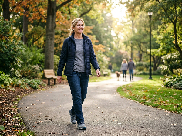 Middle-aged adult taking a daily walk for better health and fitness