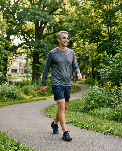 Adult taking a brisk walk as part of a healthy daily routine