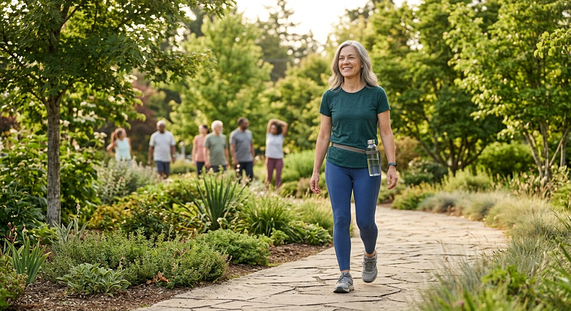 Middle-aged adult taking a daily walk in a peaceful park for a healthier lifestyle