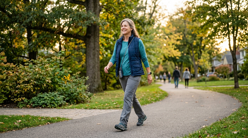 Middle-aged adult walking outdoors as part of a healthy lifestyle