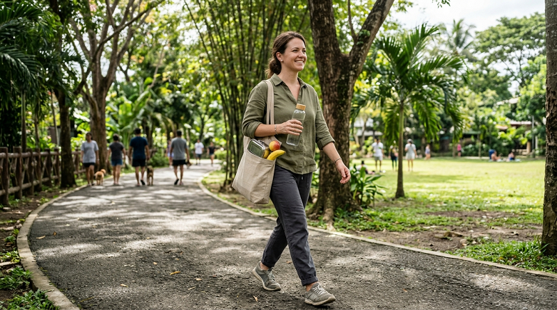 Adult taking a walking break and staying hydrated as part of a healthy daytime routine.