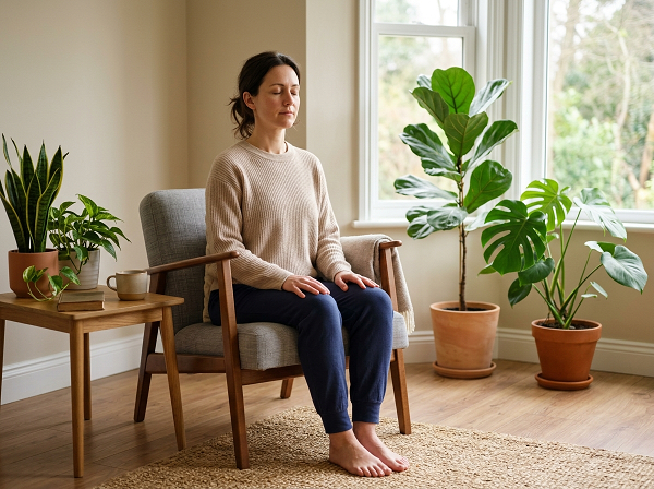 Person practicing deep breathing and mindfulness for stress relief