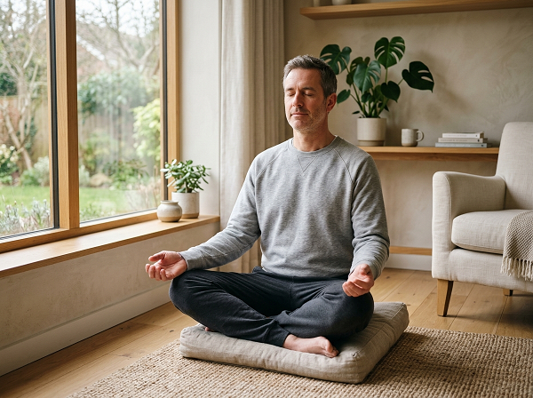 Man practicing deep breathing and mindfulness for stress relief