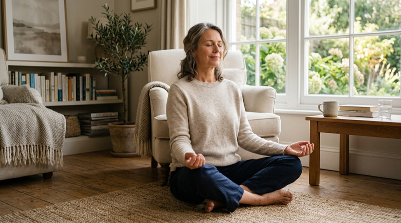 Woman practicing deep breathing and mindfulness for stress relief