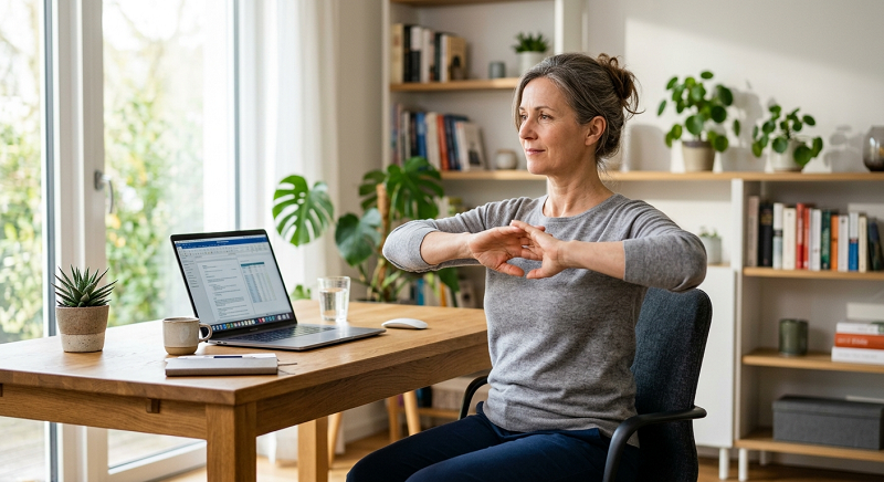 Office worker doing a gentle seated stretch at a desk