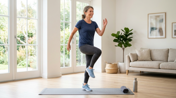 Adult doing an easy cardio workout at home in a bright living room