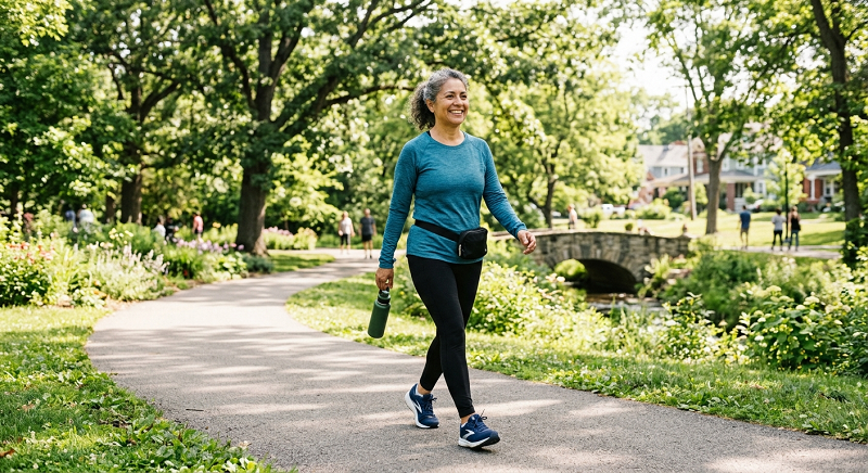 Adult taking a brisk walk as an easy way to stay active
