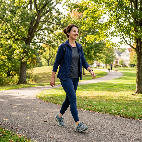 Middle-aged adult taking a brisk walk in a neighborhood park