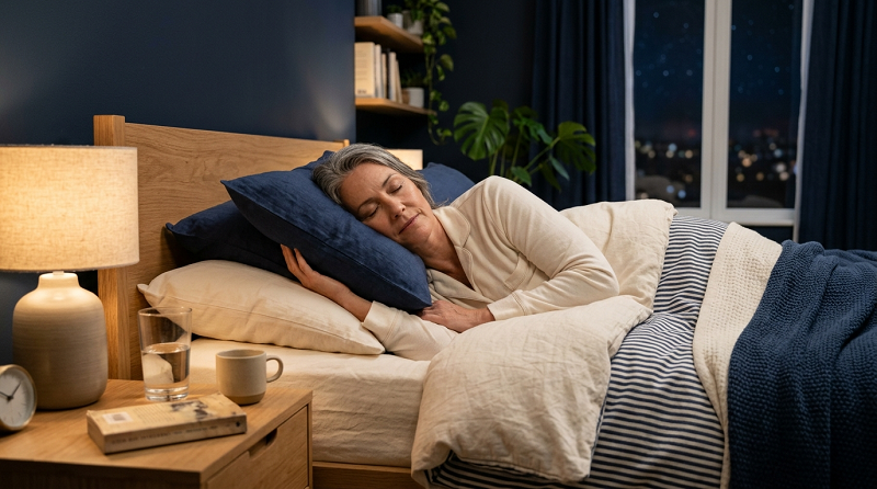 Person sleeping with their upper body slightly elevated to help reduce nighttime coughing