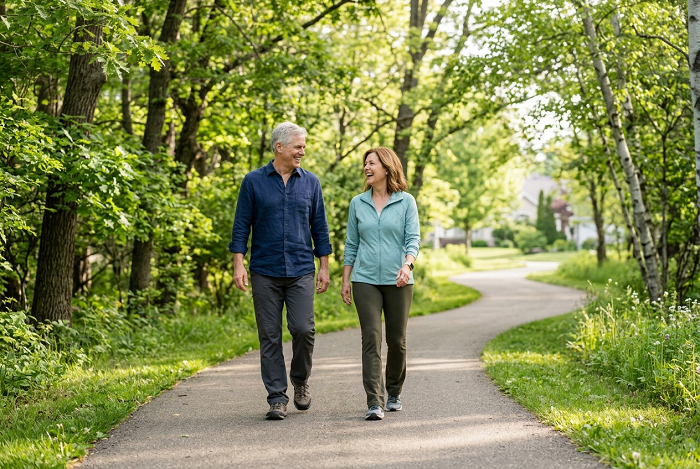 Middle-aged couple enjoying a brisk walk as part of a healthy lifestyle