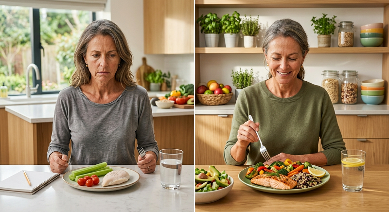 Contrast between an extreme restrictive diet and a balanced nutritious meal.