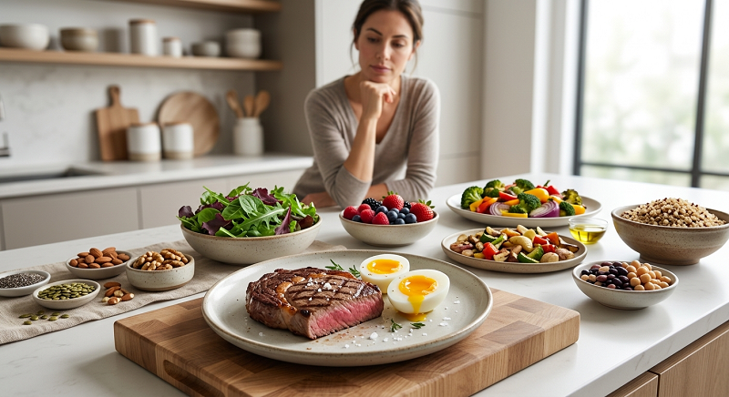 Carnivore diet foods shown alongside plant foods that provide fiber, vitamins, minerals, and other nutrients.