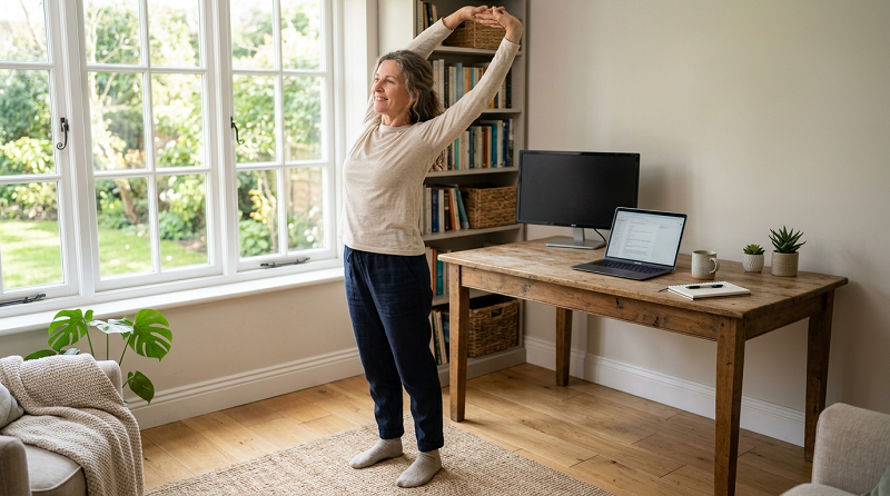 Adult stretching during a five-minute movement break to reduce stress