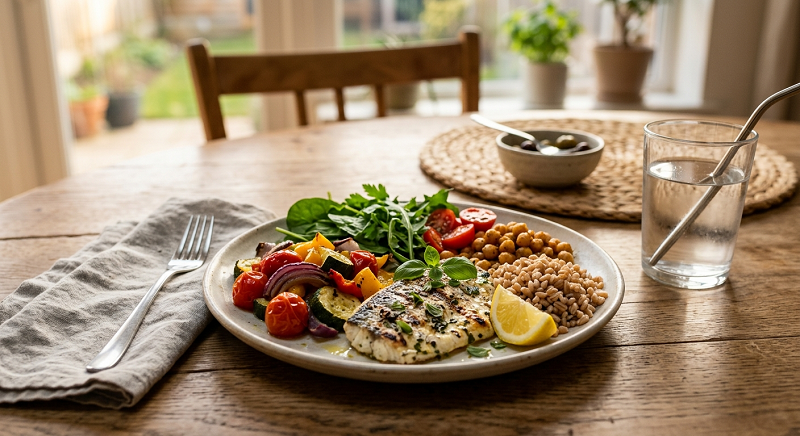 Mediterranean-style dinner with grilled fish, vegetables, chickpeas, whole grains, and olive oil