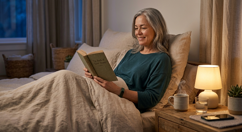 Adult relaxing with a book during a calming bedtime routine for better sleep
