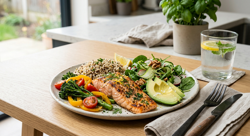 Balanced healthy meal with vegetables whole grains protein and healthy fats
