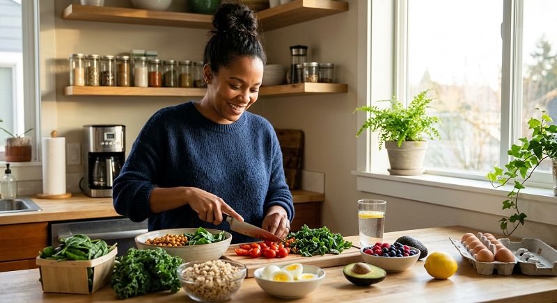 Balanced healthy meal with vegetables, whole grains, protein, and fruit