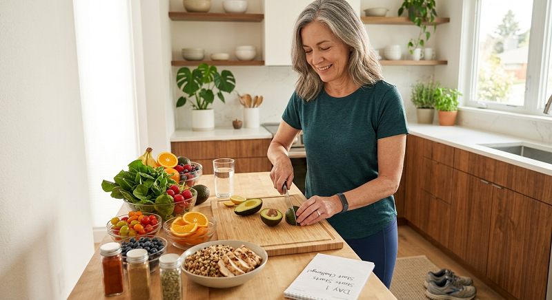 Adult preparing a balanced meal with vegetables, whole grains, protein, and fresh fruit
