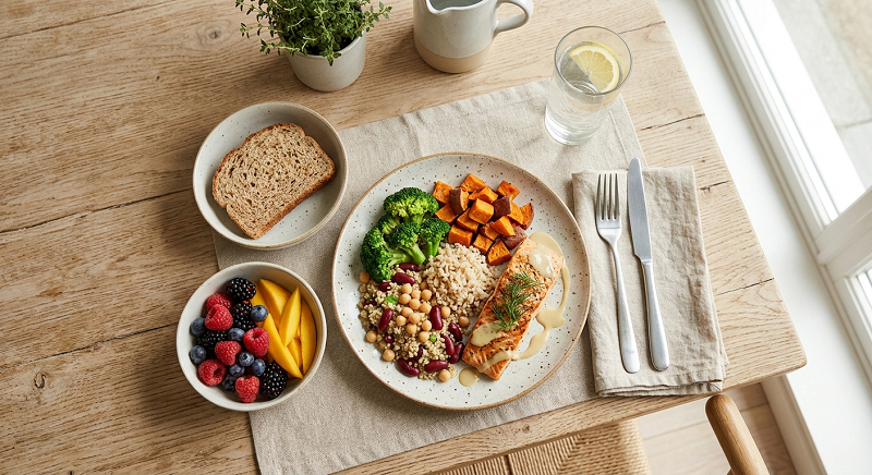 Balanced meal with vegetables, whole grains, and protein for healthy weight management. Losing Weight