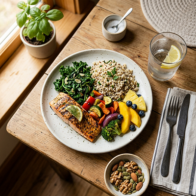 Balanced meal with vegetables, whole grains, lean protein, fruit, and water. Live a healthier life.