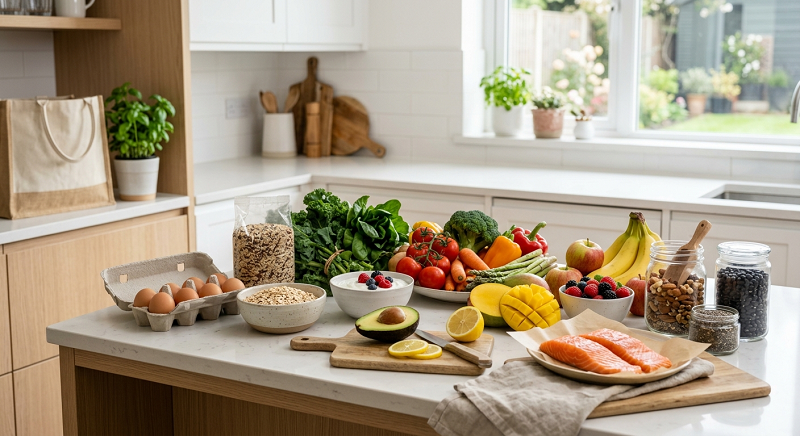 Healthy grocery selection with fresh produce, whole grains, protein foods, nuts, and seeds