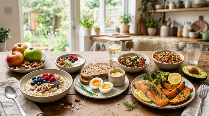 Healthy foods that keep you full longer including eggs, oatmeal, berries, avocado, beans, and vegetables