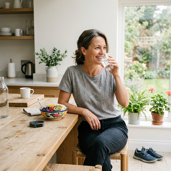 Adult enjoying simple healthy habits with water, fresh fruit, and walking shoes
