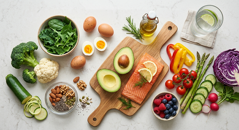 Healthy ketogenic foods including avocado, salmon, eggs, leafy greens, vegetables, nuts, seeds, and olive oil.