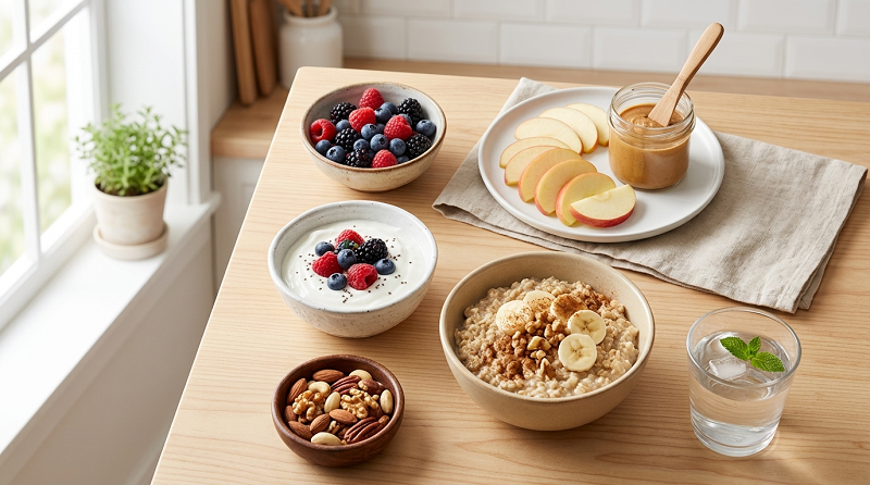 Healthy low-sugar food swaps such as fruit, yogurt, oatmeal, and nuts