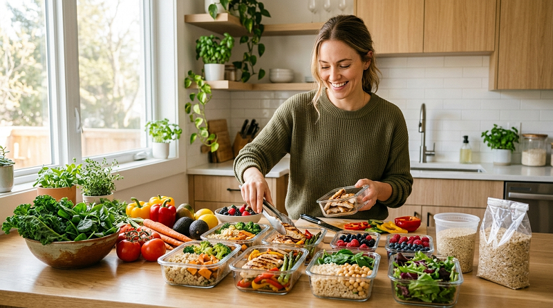 Person preparing healthy meals with vegetables, chicken, fruit, and whole grains